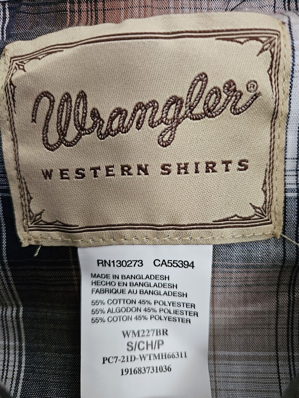 Men's Wrangler Short-Sleeve Plaid Western Shirt, Small, Brown Navy White, NWT - Picture 6 of 7